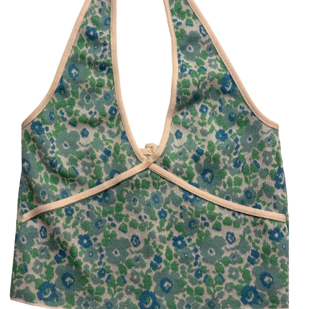 Zara Floral Print Halter Top Button Detail Blue Green White‎ Buttons Medium EUC